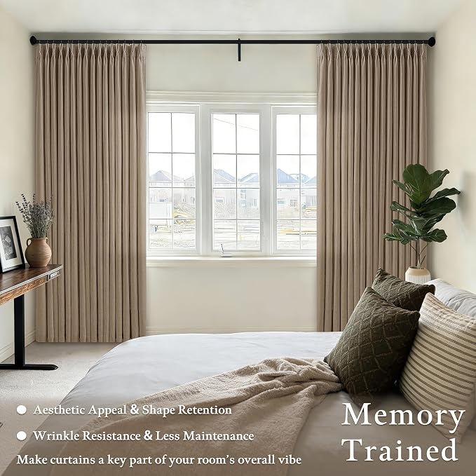 96 Inches Pleated Linen Tan Latte Memory Train Semi Sheer Curtains 2 Panels | - Image 6