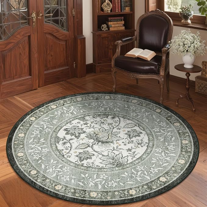 GarveeHome Provence Fog Gray Botanical Grove 6ft Round Rug, Small Circle - Image 4