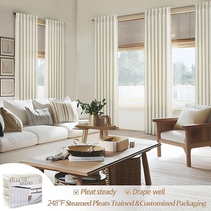 Extra Wide 70 Inch Cream Light Filtering Curtains 108 Inches Long 2 Panels Set - Image 5