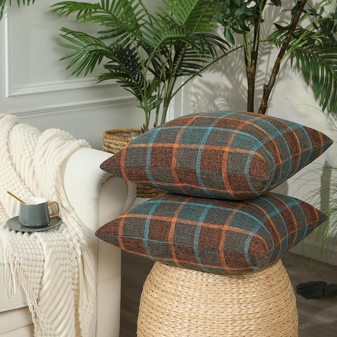 Stellhome Pack of 2 Fall Linen Buffalo Check Decorative Throw Pillow Covers - Image 2