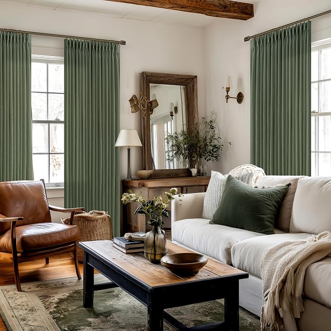 84 Inch Linen Pleated Dark Olive Green Light Filtering Country Curtains 50W | - Image 8