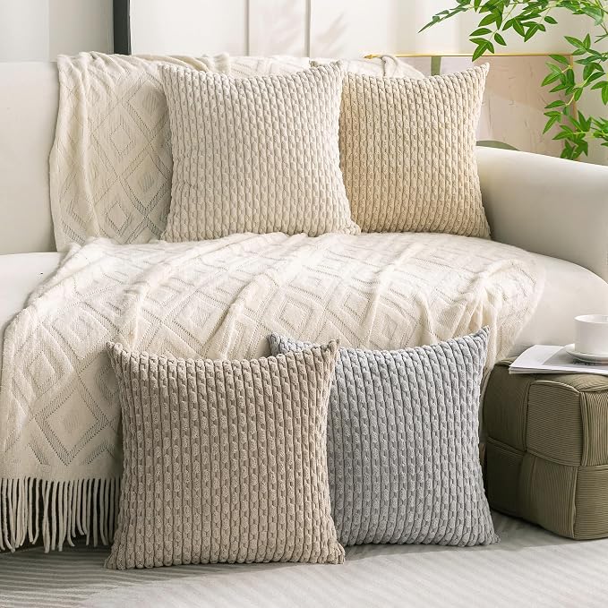 Set of 4 Neutral Decorative Throw Pillow Covers 24x24 Inch Corduroy Pillow - Image 8