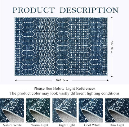 Lahome Moroccan Blue Area Rug 5x7 Machine Washable Non-Slip Throw Living Room - Image 2