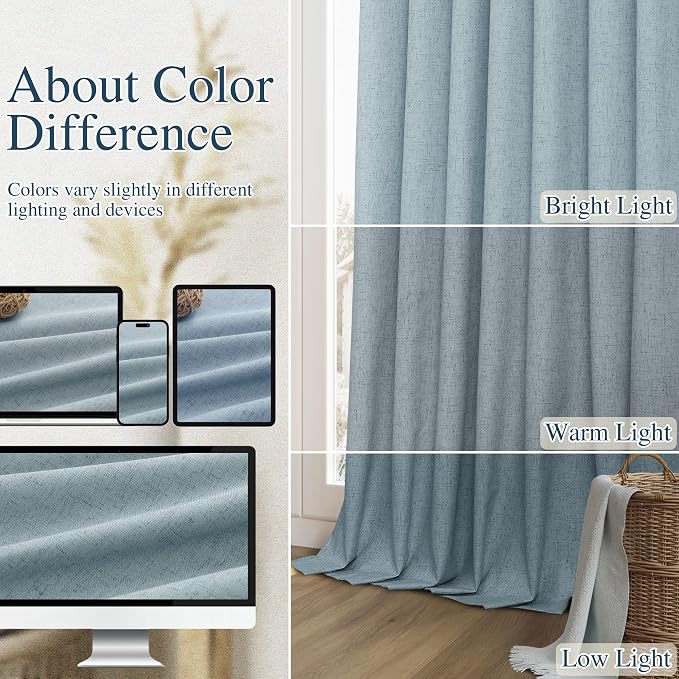 Blue 100% Blackout Linen Curtains 100 Inch Length 2 Panels Set - Image 7