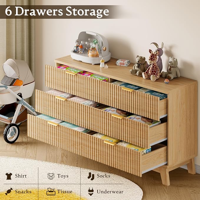BORNOON Fluted 6 Drawer Dresser, 47.2" Wide Modern Boho Chest of Drawers - Image 6