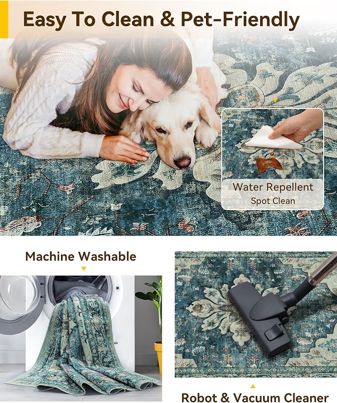 RELEANY Washable Area Rug, Water Repellent, Pet Friendly, Vintage Floral Boho - Image 3