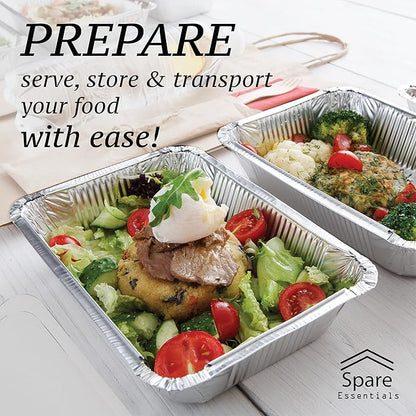 Spare Essentials 55 Pack - 2.25 LB To Go Aluminum Containers with Lids - Heat Proof Foil Tins for Meal Prep, Take Out, Freezer Meals