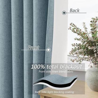 Blue 100% Blackout Linen Curtains 132 Inch Length 2 Panels Set - Image 3
