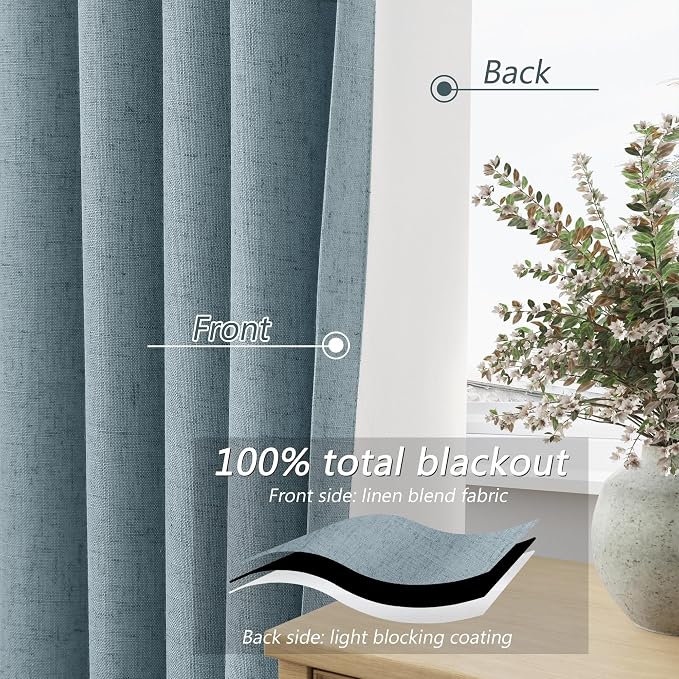 Blue 100% Blackout Linen Curtains 120 Inch Length 2 Panels Set - Image 3