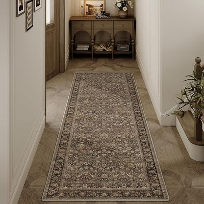2x6 Brown Vintage Floral Washable Runner Rug by HUGEAR