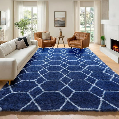 7x9 Area Rugs for Living Room Bedroom, Fluffy Navy Blue and White Boys Rug | by ONASAR