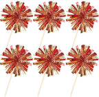 30 PCS Foil Firework Cupcake Toppers Sparkle Tinsel Cupcake Picks Happy Birthday Cake Decorations Drink Stirrers Cocktail Food Fruit Toothpicks for Baby Shower Graduation Party Supplies Red Gold