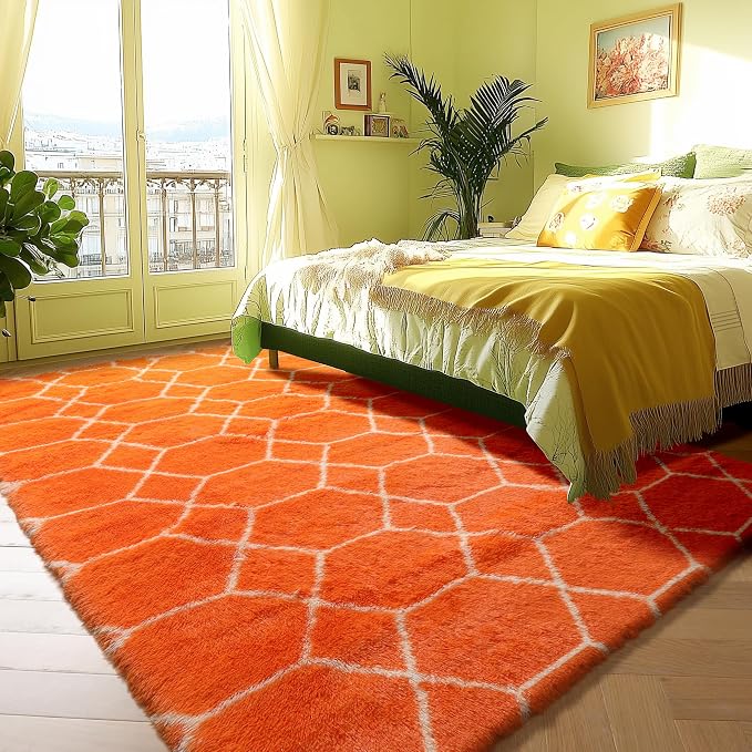 Area Rugs for Bedroom Living Room, 4x6 Fluffy Orange and White Modern Rug | - Image 6