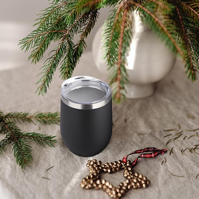 DOMICARE Stainless Steel Wine Tumbler Bulk with Lid, Personalized Insulated Tumblers Set, 12oz Travel Coffee Cups Pack of 4, Black
