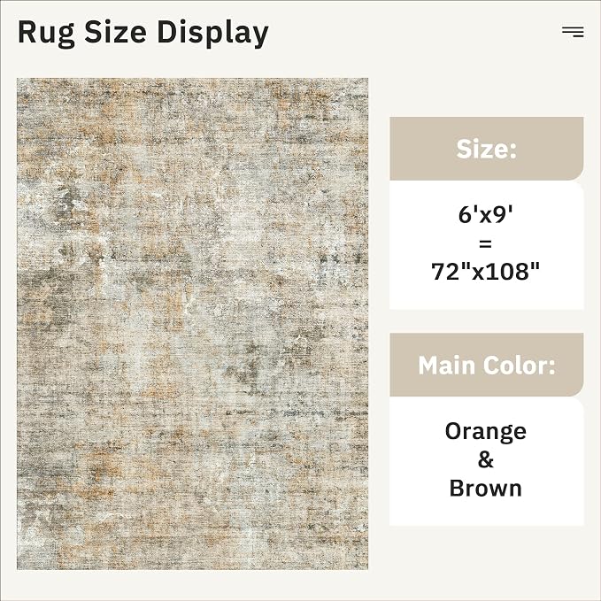 Soalmost Abstract Area Rug 6x9 for Living Room Washable Rugs Orange/Brown | - Image 5