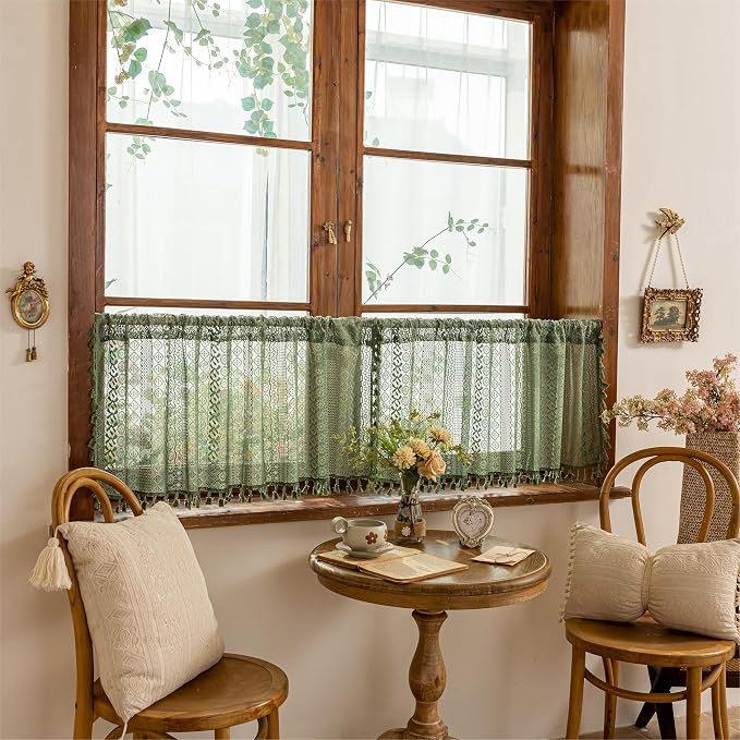 Sutuo Home Olive Green Boho Window Curtains Valance 18 inches Long 2 Panels - Image 7