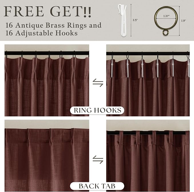 Pinch Pleated Rust Brown Linen Blend Semi Sheer Curtains 105 Inch Length | - Image 5