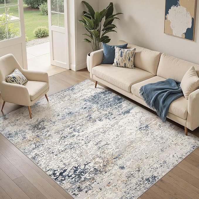 DMOYEST Area Rug Living Room Rugs 5x8 Washable Abstract Beige Blue Carpet | - Image 6