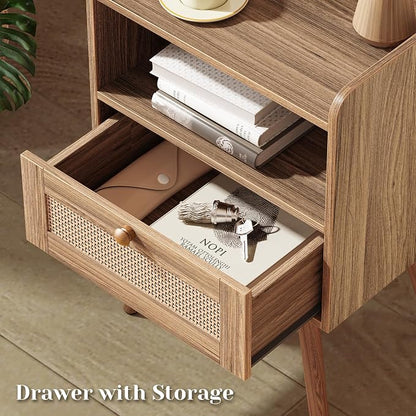 SUPERJARE Nightstand with Charging Station & Rattan-Like Decor Drawer, Rattan - Image 5
