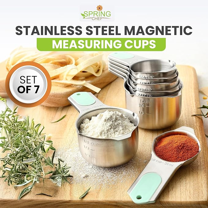 Spring Chef Magnetic Stainless Steel Measuring Cups (Patent Pending), Kitchen Tools with Easy to Read Markings for Measuring Dry or Liquid Ingredients, Set of 7, Mint