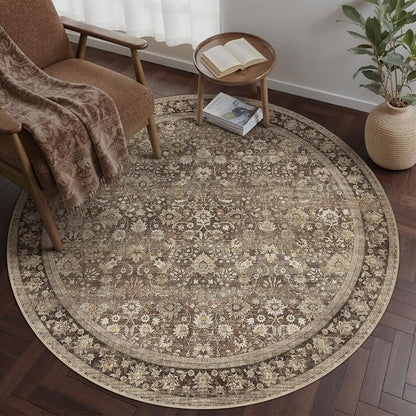 4ft Round Brown Vintage Floral Washable Rug by HUGEAR