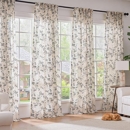 Black Vintage Floral Linen Curtains Farmhouse 50W X 90L 2 Panels | Elisa Series - Image 3