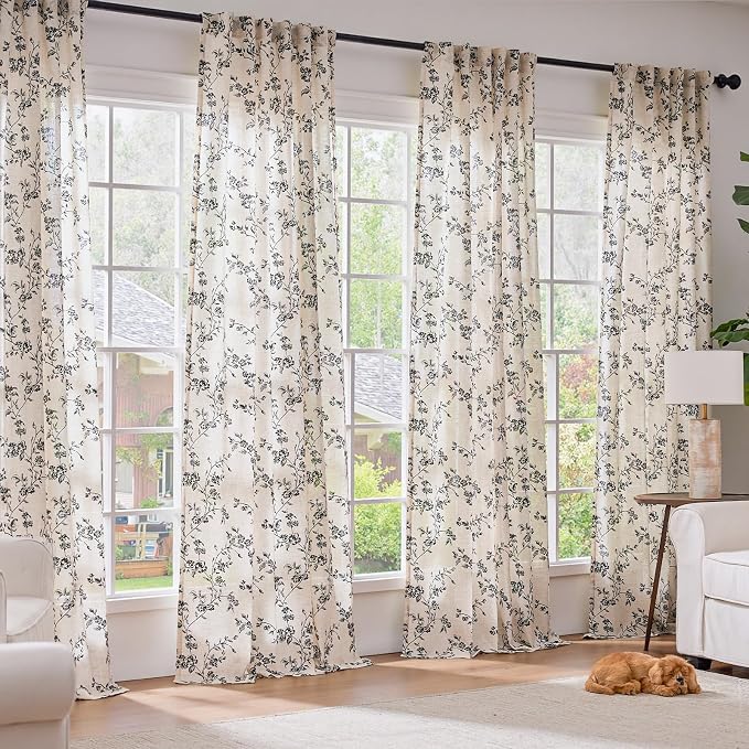 Black Vintage Floral Linen Curtains Farmhouse 50W X 96L 2 Panels | Elisa Series - Image 3
