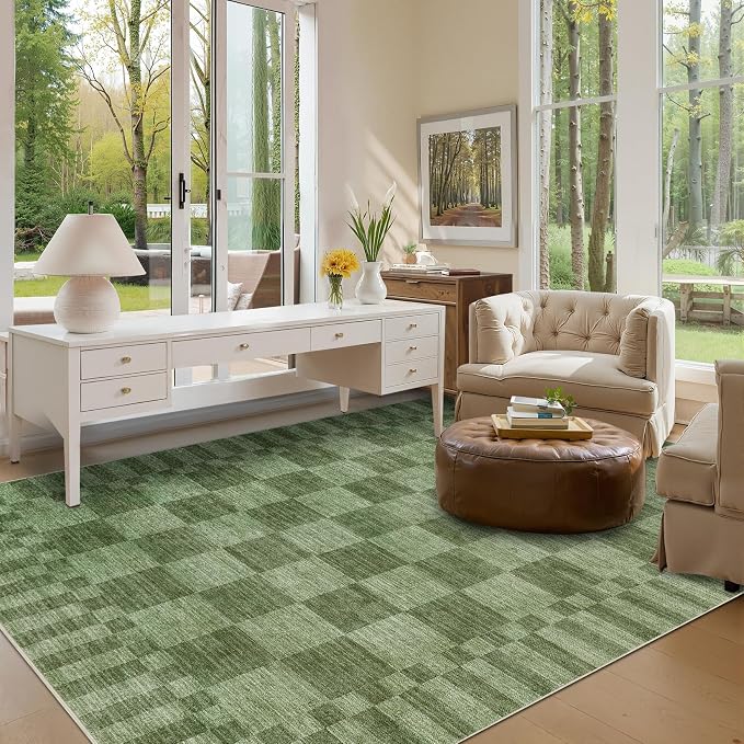 GarveeHome Moss Green Checkered Rug 6x9 Area Rugs Living Room Washable Rug | - Image 2