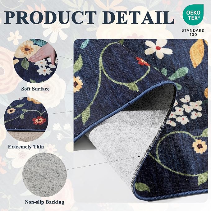 DUKINO 4ft Round Rug, Floral Washable Small Round Area Rug, Low Pile, Soft - Image 4