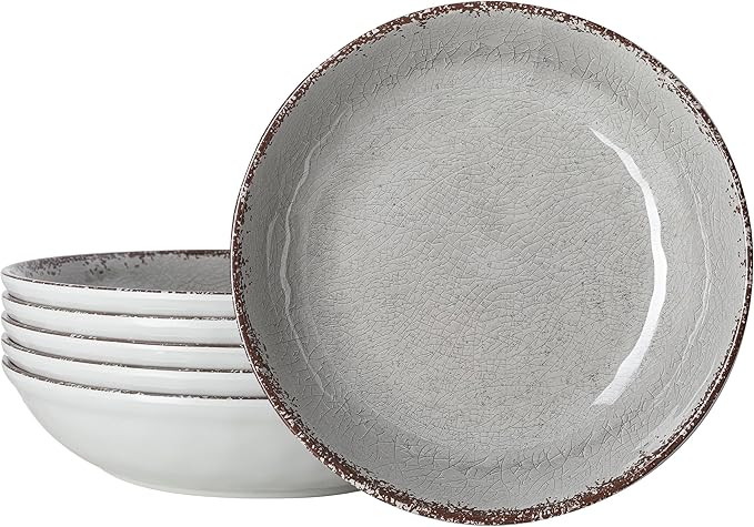 LEHAHA Farmhouse Melamine Pasta Bowl, 9.25 inch Large Salad Bowls, Set of 6, Unbreakable 100% Melamine Serving Bowls Set for Dinner, Wide and Shallow Bowls Set, Dishwasher Safe, Grey…