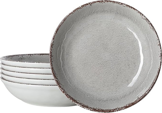 LEHAHA Farmhouse Melamine Pasta Bowl, 9.25 inch Large Salad Bowls, Set of 6, Unbreakable 100% Melamine Serving Bowls Set for Dinner, Wide and Shallow Bowls Set, Dishwasher Safe, Grey…