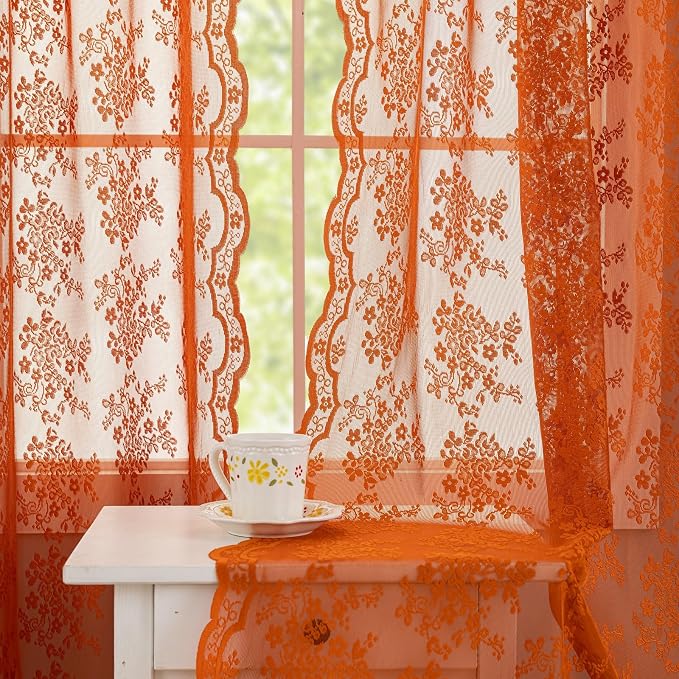 YJ YANJUN Vintage Lace Curtains 96 Inches Long- Rust Floral Terracotta Bay by YJYANJUN