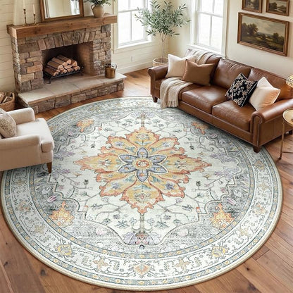 RELEANY Washable Area Rug, Round 8ft, Water Repellent, Pet Friendly, Vintage by RELEANY