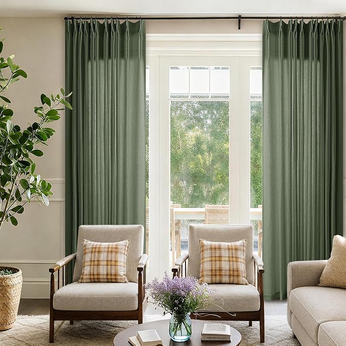 Olive Green Extra Wide Pinch Pleated Curtains 84 Inches Long Linen | Semi Sheer - Image 6