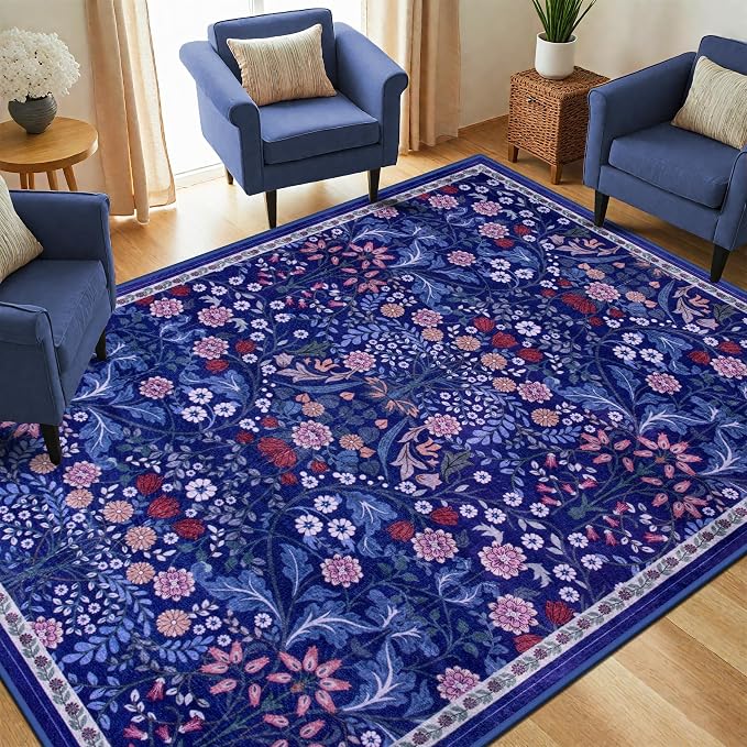PLHXFR Area Rug Living Room: 4x6 Floral Washable Boho Soft Carpet Blue | - Image 2