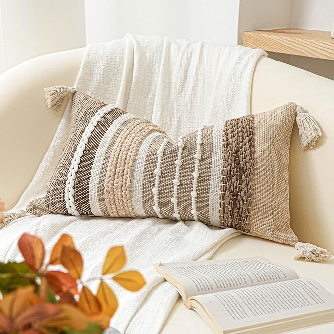 Decorative Lumbar Throw Pillow Cover 14x24 Boho Brown Accent Cushion by BlissBlush