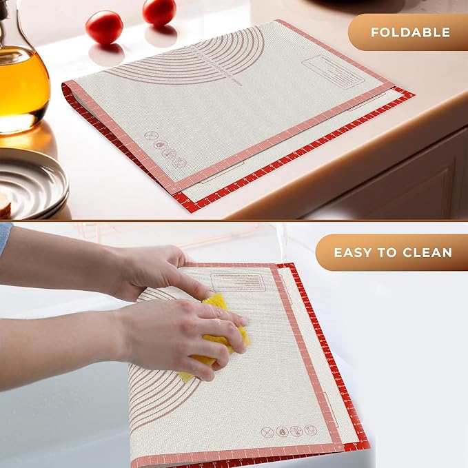 28 * 20 inches Red, Non-Slip Silicone Baking Sheets - Baking Mat with 0.7mm Thickness - Non-Stick Pastry & Cookie Mat for Kitchen Counter for Rolling Out Dough with Measurements.