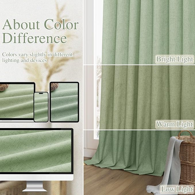 Light Sage 100% Blackout Linen Curtains 96 Inch Length 2 Panels Set - Image 7