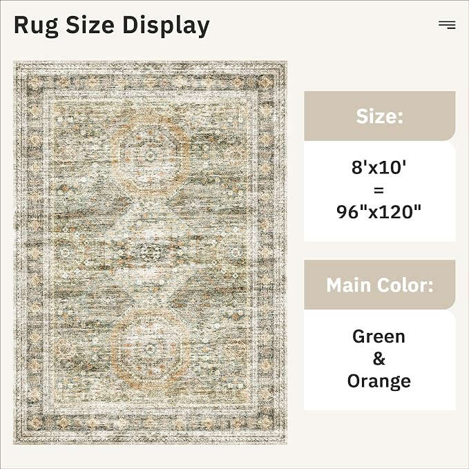 Soalmost Washable Area Rug 8x10 Large Soft Living Room Rugs Green/Orange | - Image 5