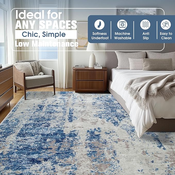 9x12 Area Rugs for Living Room Washable Bedroom Dining Room Blue Grey White | - Image 8