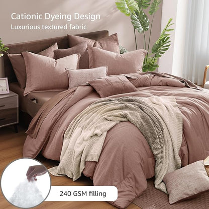 Monbix King Size Comforter Set, 7 Pieces Dusty Pink Cationic Dyeing Bed in a - Image 3