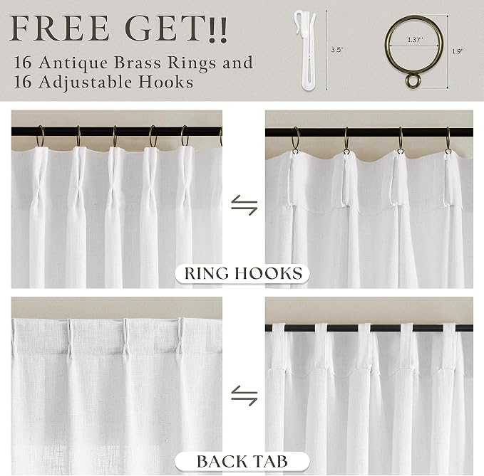 Linen Pleated Light Filtering Semi Sheer White Curtains 108 Inches Length | - Image 5
