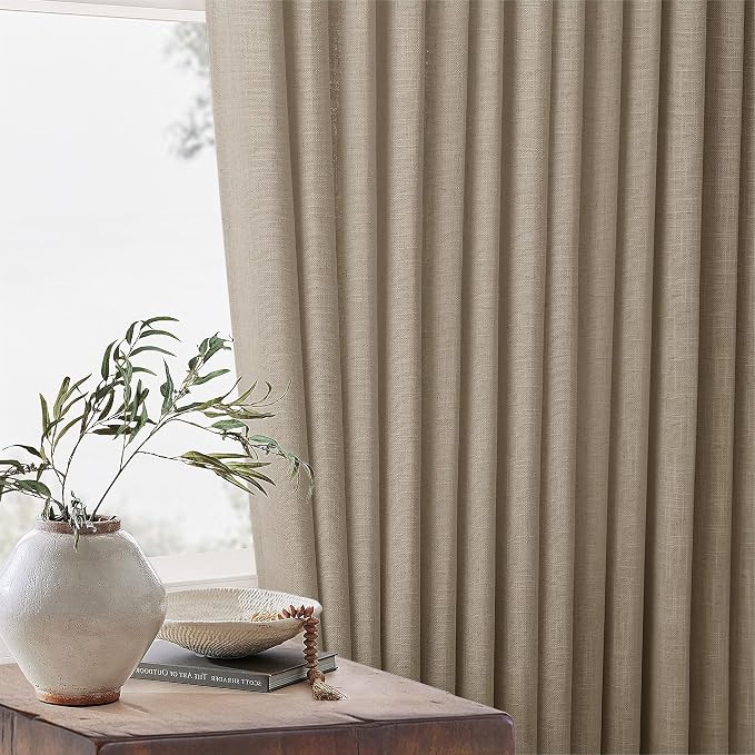 Pleated Linen Semi Sheer Grey Beige Memory Shaped Curtains 90 Inches Long | - Image 7