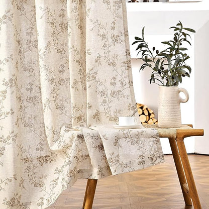 Taupe Vintage Floral Linen Curtains Farmhouse 50W X 90L 2 Panels | Elisa Series - Image 8