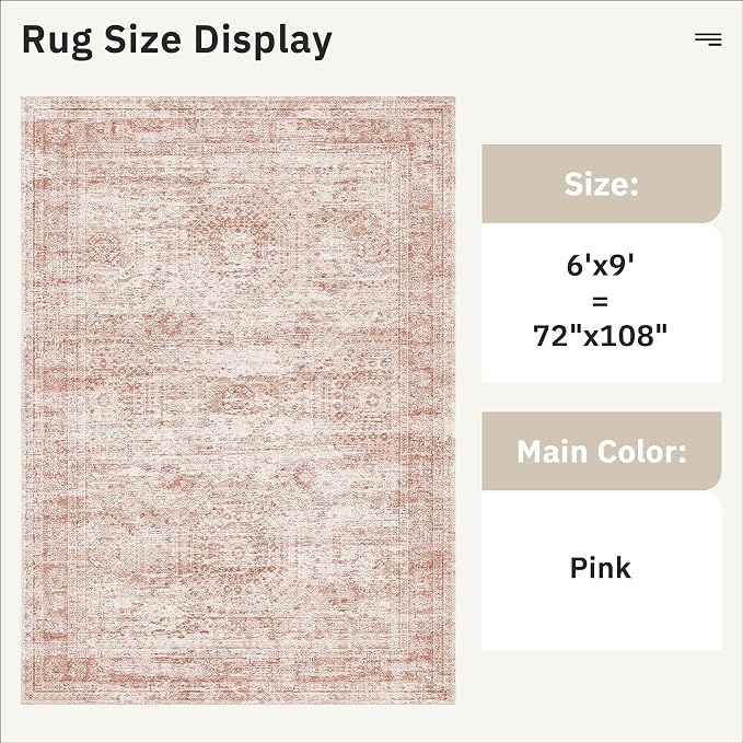 Soalmost 6x9 Area Rug for Living Room Washable Rugs Non-Slip Pink | Low-Pile - Image 4