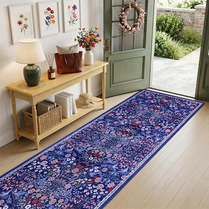 PLHXFR 2.6x14 Washable Runner Rug：Floral Indoor Kitchen Soft Carpet Blue | - Image 2