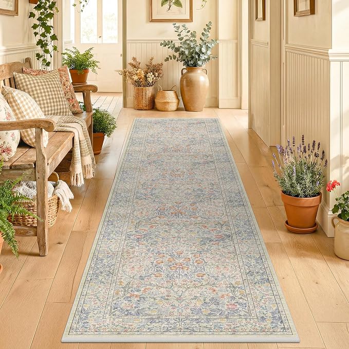 Beige Blue Washable 2x8 Runner Rug by HazoHaus