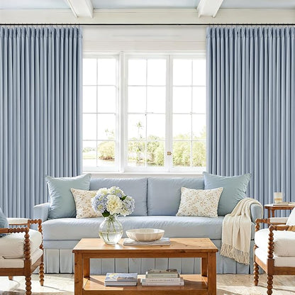 Blue 96 Inch Blackout Pinch Pleated Thick Linen Curtains - Image 8