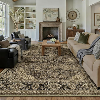 8x10 Brown Retro Floral Washable Area Rug - Image 3