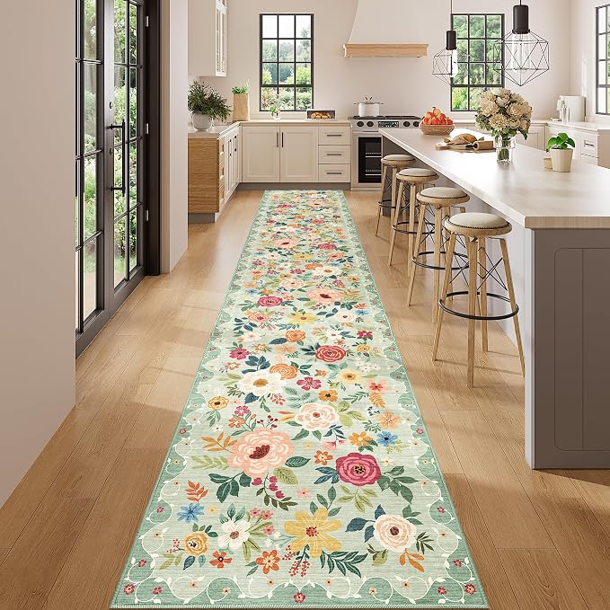 DUKINO 2.6x14 Washable Runner Rug, Floral Non Slip Long Runner Rug, Low Pile - Image 3